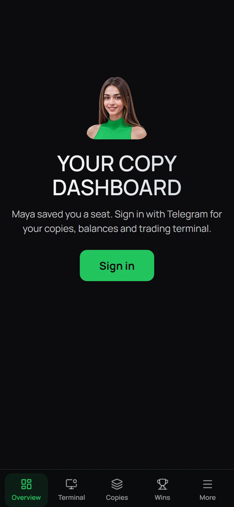 Maya Mini App sign-in screen with Overview, Terminal, Copies, Wins and More navigation